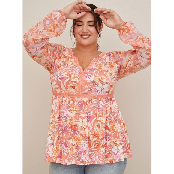 torrid Tops - Torrid Babydoll Fabric Mix Super Soft Balloon Chiffon Sleeve Top Plus Size 3 3X